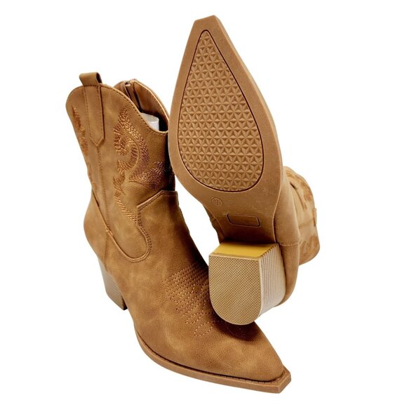 Womens Western Style Tan Ankle Boots With Embroidery & Block Heel Size 7 - Picture 11 of 11